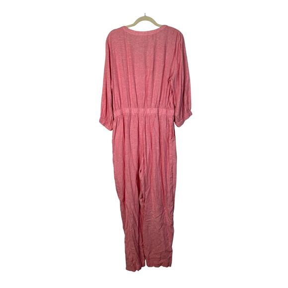 Liz Claiborne L Wide Leg LINEN Jumpsuit Slouchy One Piece Coveralls Elastic Pink - Picture 3 of 7